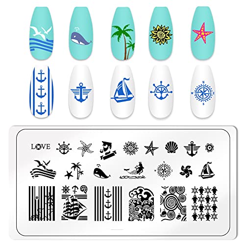 Bonniesam Nail Art šablon za štancanje slika 4pcs Palm Tree Meduze Mermaid Sea Life Stamp ploče za ljetni odmor na plaži manikir za