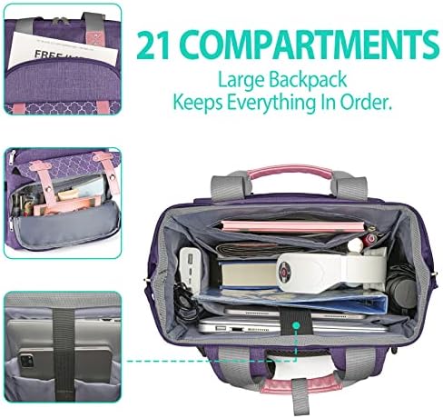 Kuosdaz laptop ruksak za žene, Radna torba za Laptop velikog kapaciteta sa USB portom, 17,3 inča vodootporan računarski ruksak torbica College Travel Business Teacher Nurse, ljubičasta
