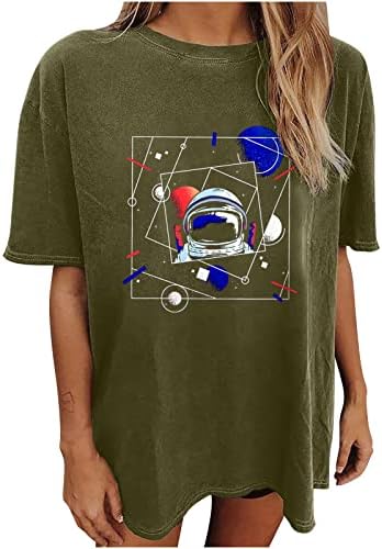 Astronaut štampani vrhovi za žene majice grafičke majice spuštene rukave za ramena labava majica pulover Dressy bluze