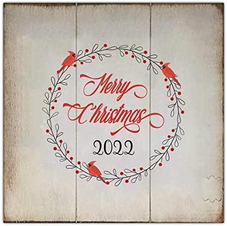 Rustikalni stil božićnog drveta Paleta Sretan Božić 2022 Weith Cardinal 12x12in Zidni viseći drvena ploča za trijem dnevni boravak