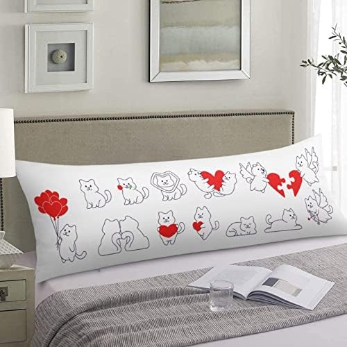 Jastuk za tijelo 20x54 inča Slatka mačka i pas sa crvenim srčanim posteljinom Dekorativno veliko tijelo za zaštitu od karoserije Valentinovo,