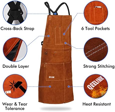 QeeLink kožna Radna pregača za zavarivanje sa 6 džepova za alate, pregača otporna na toplotu i plamen, 24 x 36, Podesiva M do XXXL