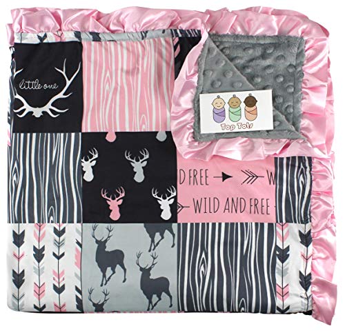 TOP TOTS BABY BESPET - MINKY, jelen, strelice i robovi, ružičasta sa sivom i crnom bojom, s ružičastim rufflesom