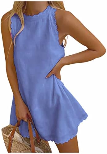 Nxxyeel Ženske ljetne haljine 2022 Scallop Trim pamučna posteljina haljina za pamučnu haljinu Sunderss Mini kratka haljina