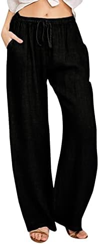 Ženske široke posteljine pamučne hlače za pamučne hlače Ljetne casual palazzo hlače visoke elastične struke joge hlače opušteno fit