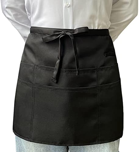 AEKTBY Crne serverske kecelje sa 6 džepova, pregača oko struka za uniseks konobaricu konobara, brijača, čistač