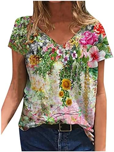 Ženska V vrat Pamuk cvjetni grafički labav fit opušteno pristaje vrhunska majica za djevojke Ljeto Fall GL GL