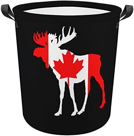 Moose in Flag of Canada korpa za pranje veša okrugle platnene platnene korpe sa ručkama vodootporna sklopiva kanta za pranje veša