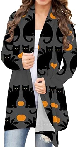 Žene Halloween Cat Print Pleteti Cardigan Dugi rukav Otvoreni prednji pleteni džemper Okožnice vrhovi džemperi za žene