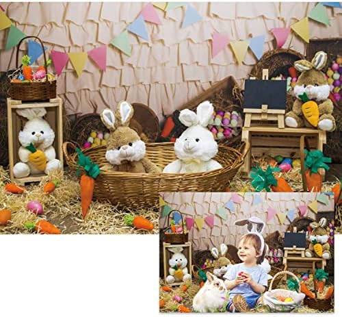 Renaiss 5x3ft Happy Easter Backdrop slatka zečevi mrkva šarene zastave jaja sa ćebetom slamna drvena ambar pozadinska fotografija za Uskrs Party rođendan Baby Shower Decor pozadina portret