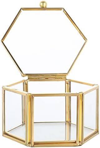Cabilock Vintage staklena kutija za organizatore nakita: Zlatna metalna kutija za uspomenu nakit držač za ispraznost šesterokutna kutija za prikaz za komodu kupatilo naušnice ogrlica narukvica Clear