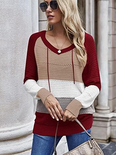 Ehyseli ženski prugasti blok boja dukseri s dugim rukavima V izrez pleteni džemper nacrtajući dukseve sa labavim pulover vrhovima