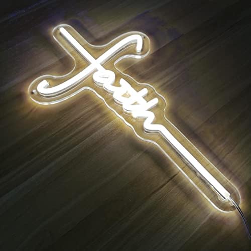 Dunaco Jesus Faith Neon za zidni dekor, 15x8.2 '' Faith Cross LED neone, ručno rađeni rođendanski pokloni, toplo bijela svjetlosni