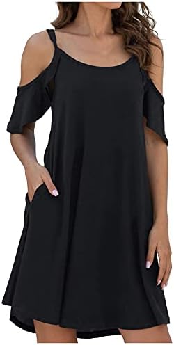 IQKA Ženska hladna majica za hladnu ramenu Dye Ispiši ljetne haljine kratkih rukava sa džepom Vestidos