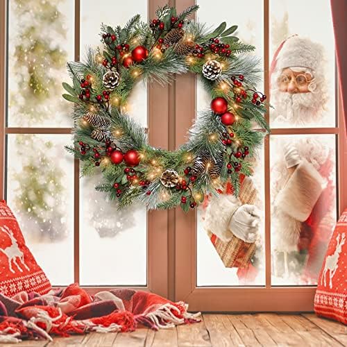Tochgreen 24 inča 50 svjetla Pre-LIT Arthial Božićni vijenac Realističan osjećaj snježne smreke, zimzeleni list, borov konus vijenac