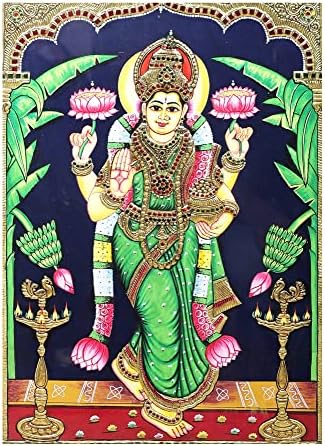 Egzotična Indija 21 x 27 slika boginje Lakshmi Tanjore / tradicionalne boje sa 24k zlatom / okvir od Teakwooda / Gol
