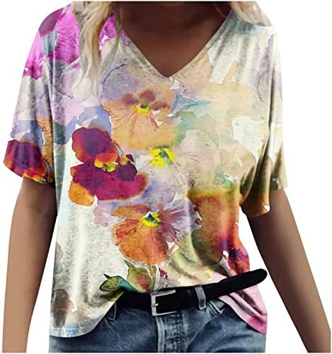Pamuk top majica za djevojčice 2023 kratki rukav Crew DEEP V izrez cvjetna grafika Happy Poklon casual bluza 0g