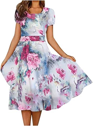 Ležerna haljina za žene 2023 ljeto boemski cvjetni kvadratni vrat kratki rukav Flowy linija Midi haljina