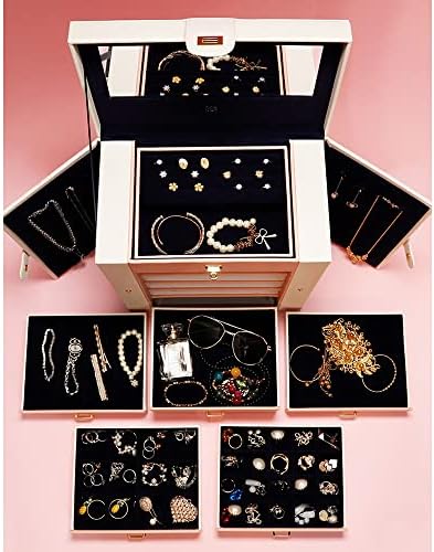 Kutija za organizatore nakita za žene, Senior PU Koža, 6-slojna kutija za odlaganje nakita srednje veličine sa bravom. Prijenosni