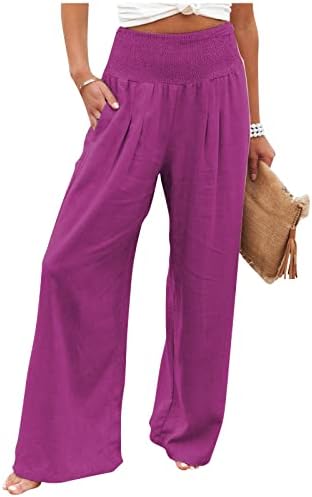 Firero ženske pamučne posteljine hlače visoki struk elastični široki noga Palazzo saloni Solid casual pantalone sa džepovima