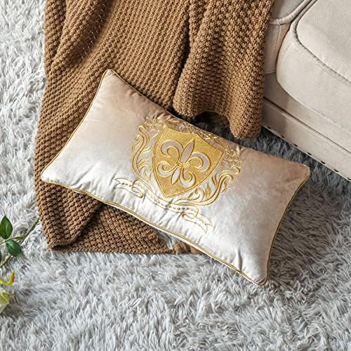 ArtMagic ultra meko baršunasto dekorativni jastučni jastuk na poklopac europski stil zlatni štit za vez luksuznog jastuka za kauč kauč, bež, 12x20 inčni