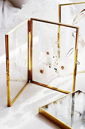 WONTHAI zlatni okvir za slike - 4 * 6 Dvostruki sklopivi stakleni okvir za prešano cvijeće - vintage mesingani metalni i plutajući