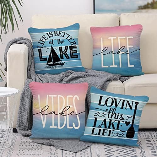 USSAP Život je bolji na jezero Dekorativni jastuk za bacanje 18 x 18 set od 4, voleći ovo jezero Life Vibes Lakehouse Case Case Decor,