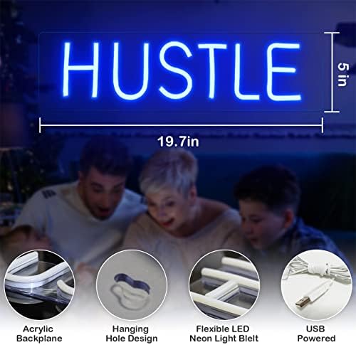 Hustle Neon potpisao za zidni dekor - velika LED neosobna svjetlost 19,7x5 inča, cool kućna teretana potpisuje USB pogon za kancelariju,